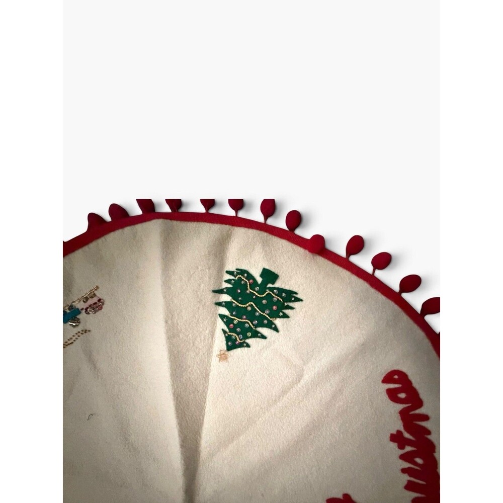 Vintage Felt Sequin Christmas Tree Skirt Small 27” Merry Christmas Pom Poms - Picture 4 of 9